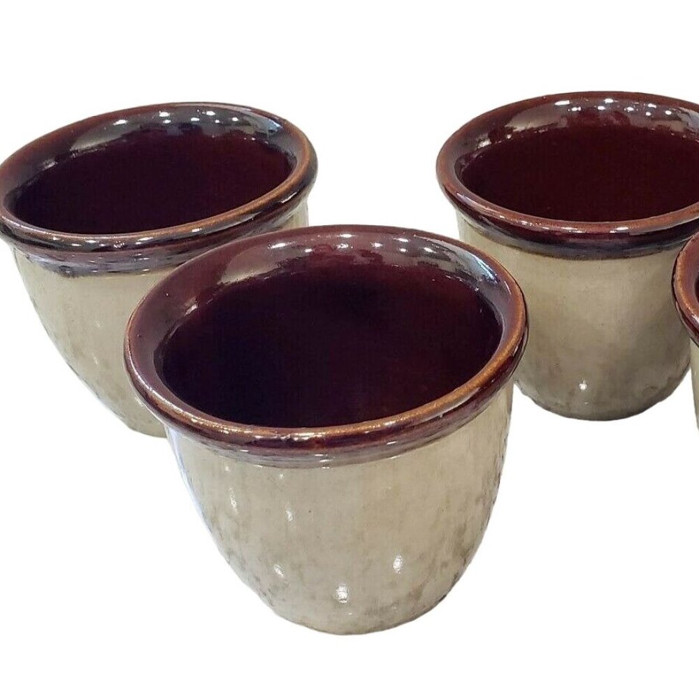 Vintage USA Handleless Crockery Custard Cup Coffee Mug Stoneware Set of 4